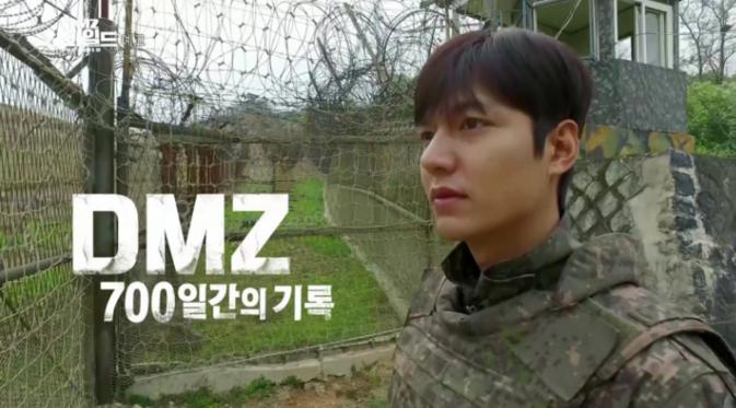 Lee Min Ho mengenakan seragam tentara lengkap dengan rompi anti peluru saat berkunjung ke wilayah DMZ (Koreaboo)