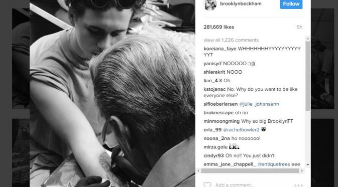Putra sulung David Beckham, Brooklyn Beckham baru memuat tato pertama di lengannya. [foto: instagram/brooklynbeckham]