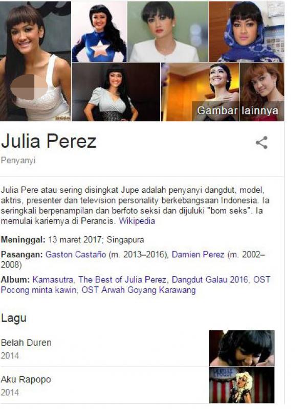 Wikipedia menulis tanggal kematian Julia Perez.