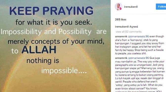 Foto ini menjadi unggahan terakhir Renita di akun Instagramnya. "Tetap berdoa untuk apa yang sedang kamu impikan. Kemungkinan dan Ketidakmungkinan hanya ada dalam pikiranmu, untuk Allah tidak ada yang tidak mungkin," kenang Renita. (Instagram/irensukardi)