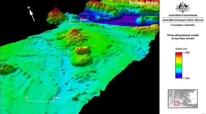 Gambar 3 dimensi dasar laut Samudera Hindia, titik pencarian MH370 (Australian Transport Safety Bureau)