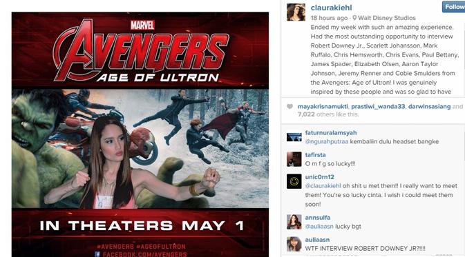Cinta Laura berkesempatan untuk wawancara para bintang Avengers: Age of Ultron. (foto: instagram.com/claurakhiel)