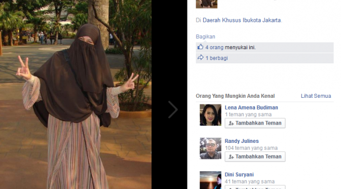 Meski bercadar Soraya Abdullah masih bisa bergaya. (Facebook: Soraya Abdullah  Balvaz)