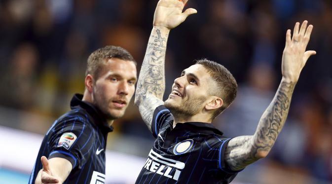 SELEBRASI- Mauro Icardi melakukan selebrasi usai mencetak gol kemenangan untuk Inter Milan (REUTERS/Stefano Rellandini)