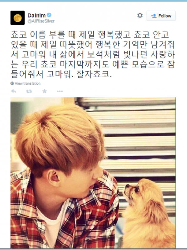 Twit Eunhyuk untuk Choco, anjingnya.