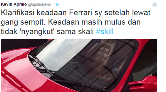 Kevin Aprilio klarifikasi soal Ferrarinya di laman twitternya. (Twitter @kevinaprilio)