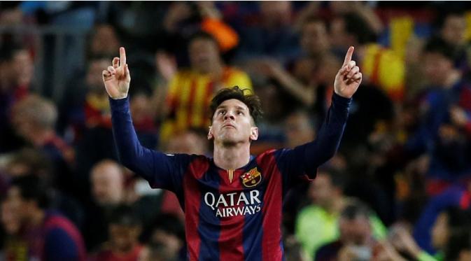Ekspresi Lionel Messi setelah mencetak gol ke gawang Bayern Muenchen. Barcelona menang 3-0 atas Bayern Muenchen dalam semi final pertama Liga Champions. (Reuters/Albert Gea)