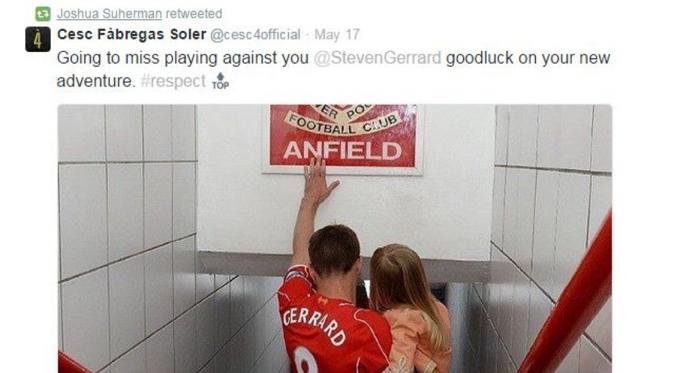 Joshua Suherman banyak me-retweet twit hengkangnya Steven Gerrard (Via: twitter.com/jojosuherman)