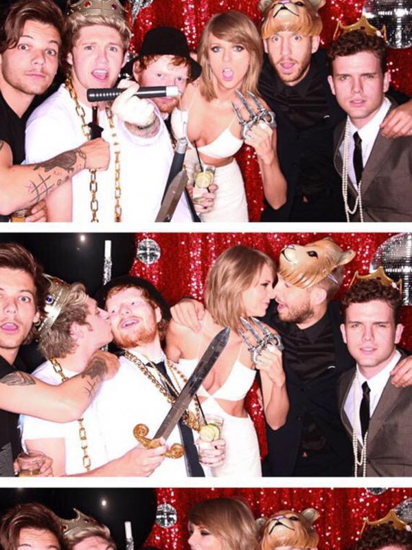 Taylor Swift asyik berpesta bersama Calvin Harris dan One Direction tanpa kehadiran Harry Styles. (foto: eonline)