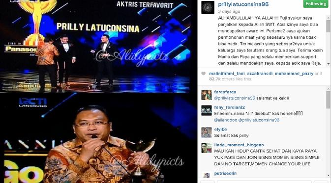 Ucapan terima kasih Prilly Latuconsina saat memenangkan Aktris Terfavorit Panasonic Gobel Awards 2015. (via Instagram.com)