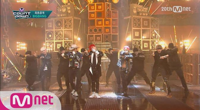 Big Bang saat menyanyikan lagu terbarunya Bang Bang Bang dalam acara musik ternama di Korea, M!Countdown