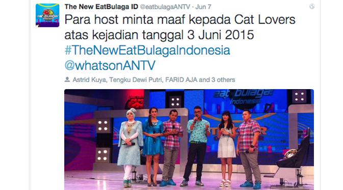 Para host EatBulaga Indonesia meminta maaf kepada Komunitas Peduli Kucing Kampung Liar via Twitter