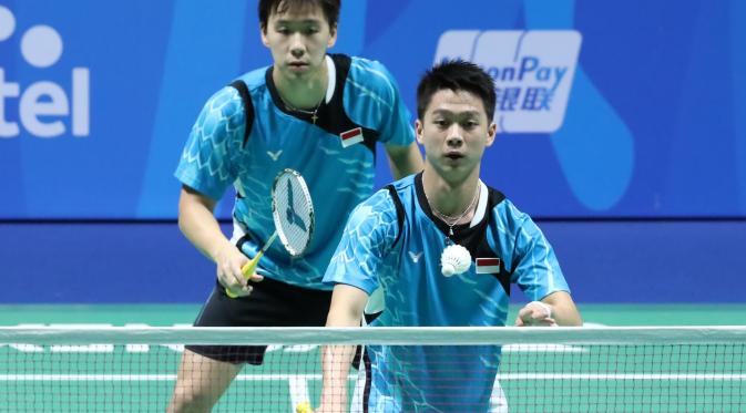 Kevin Sanjaya Sukamuljo/Marcus Fernaldi Gideon pastikan Indonesia meraih medali emas ganda putra bulu tangkis perorangan SEA Games 2015 Singapura (Humas PP PBSI)