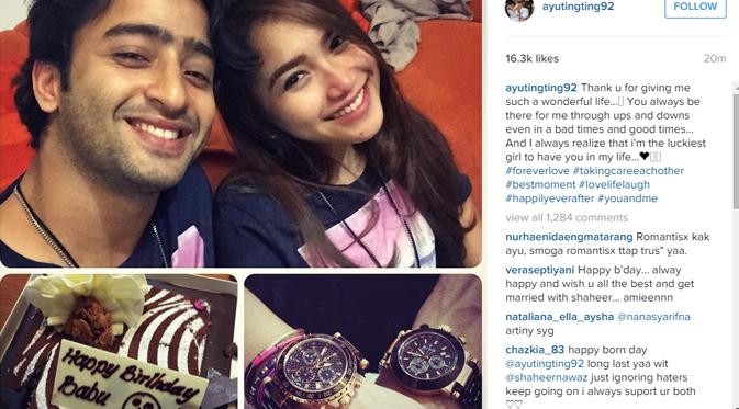 Ayu Ting Ting dan Shaheer Sheikh terlihat mengenakan t-shirt couple yang digunakan di hari ulang tahun Ayu. (foto: instagram.com/ayutingting92)
