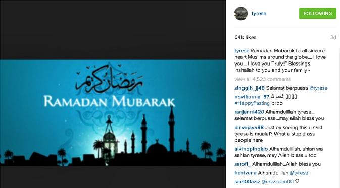 Ucapan Ramadan Mubarak yang diunggah Tyrese Gibson di akun Instagramnya. (via Instagram.com)