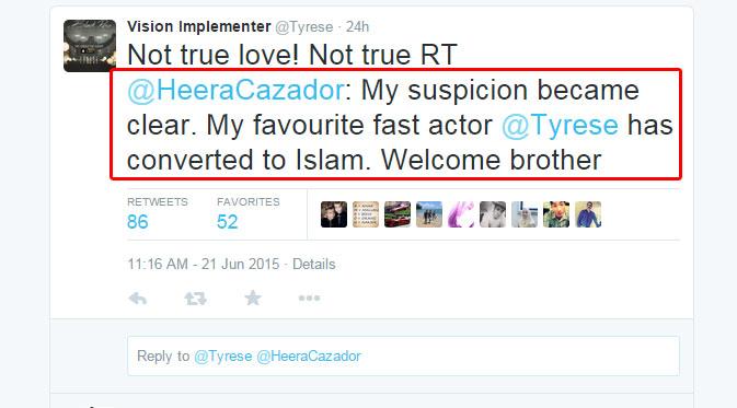 Salah satu fans yang mengungkapkan bahwa Tyrese Gibson masuk Islam (via Twitter/Heera Rodriguez)