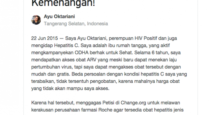 Petisi Ayu Oktariani untuk mendapatkan obat Hepatitis C dengan harga terjangkau