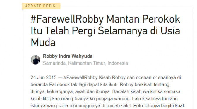 Robby mantan perokok dengan leher berlubang meninggal dunia. (Foto: Change.org)