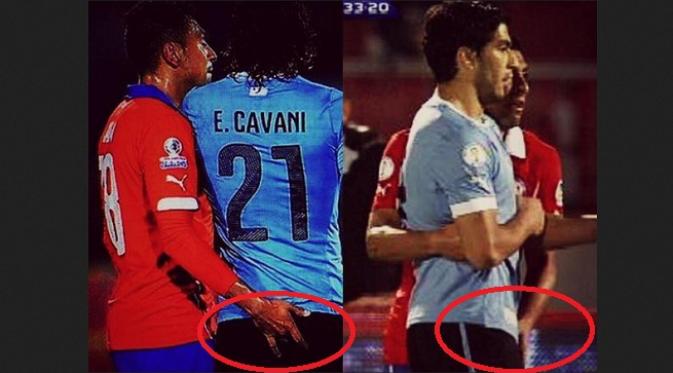 Tindakan Provokasi Gonzalo Jara pada Cavani dan Suarez. (Twitter)