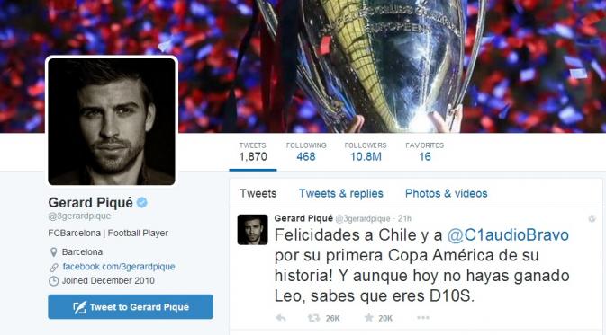 Bek Barcelona Gerard Pique berkomentar soal kegagalan Argentina menjuarai Copa America 2015, melalui Twitter, pada 5 Juli 2015.