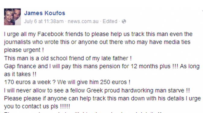 James Koufos yang memberikan donasi kepada pria tua Yunani (Facebook)