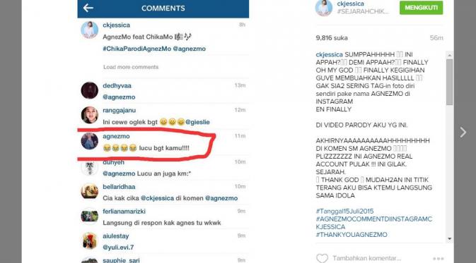 Agnes Monica memberikan komentar atas parodi yng dilakukan Chika Jessica (via Instagram Chika Jessica)