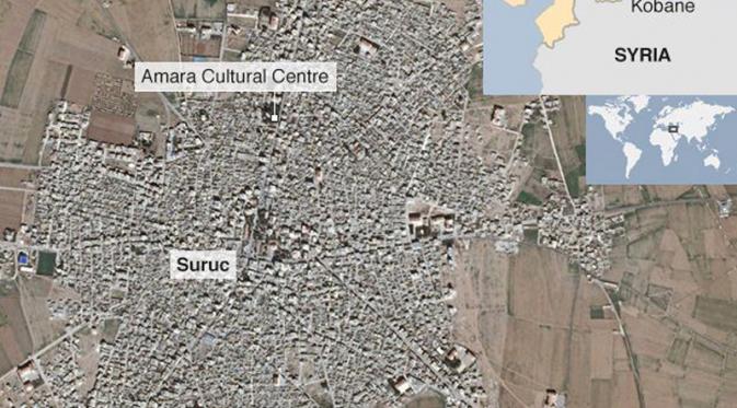 Ilustrasi peta Kota Suruc, Turki yang berbatasan dengan Suriah. (BBC)