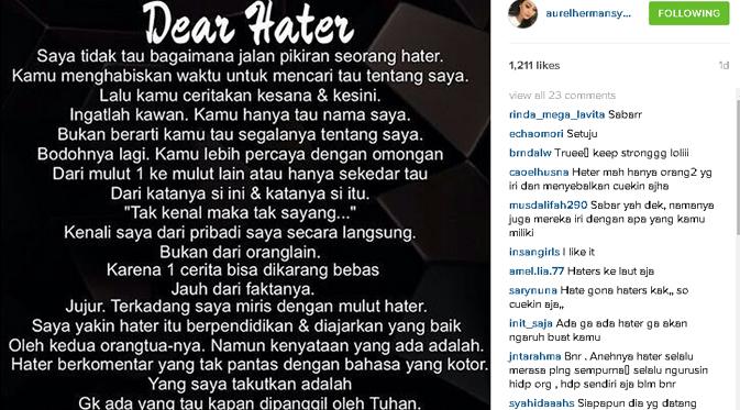 Pesan dari Aurel Hermansyah untuk para hatersnya. (via Instagram.com)