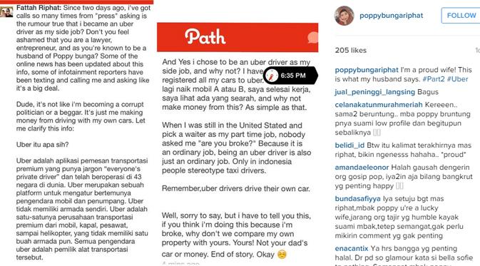 Poppy Bunga memperlihatkan penjelasan suaminya tentang menjadi seorang supir taksi. (foto: instagram.com/poppybungariphat)