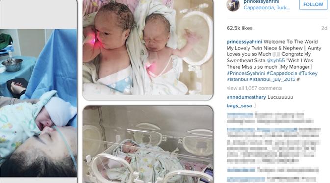 Syahrini memperlihatkan keponakan kembarnya yang baru lahir. (foto: instagram.com/princessyahrini)