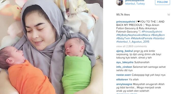 Syahrini tampak senang keponakan kembarnya lahir dengan selamat. (foto: instagram.com/princessyahrini)