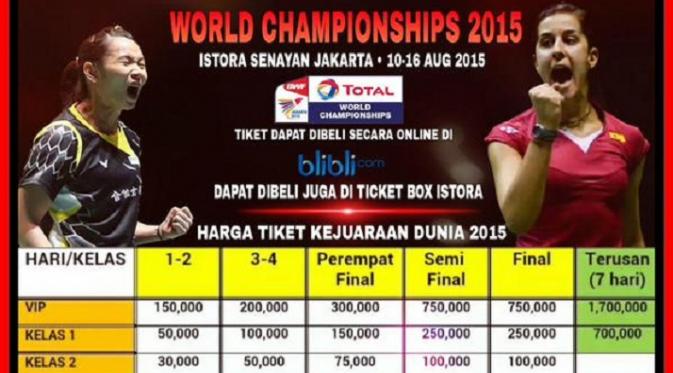 Harga tiket Kejuaraan Dunia Bulutangkis 2015