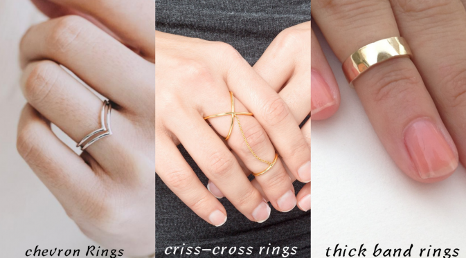 Chevron ring, criss-cross style ring and thick band ring.
