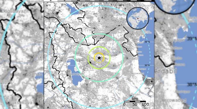 Lokasi gempa ganda yang melanda Provinsi Azerbaijan Timur, Iran. (Wikimedia)