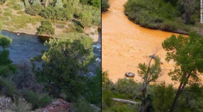 Sungai Animas yang berubah warna. Sebelum dan sesudah tercemar (Tom Bartles/CNN)