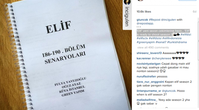 Skrip Elif Season 2. Foto: Instagram (@gtuncok)