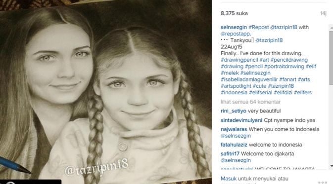 Selin Sezgin (Melek) dan Isabella Damla Guvenilir (Elif) dalam sketsa yang dibuat salah satu penggemar.