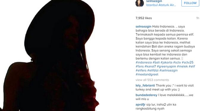 Selin 'Melek' Sezgin memberi pesan untuk fans di Indonesia saat kembali ke Turki. (foto: instagram.com/selnsezgin)