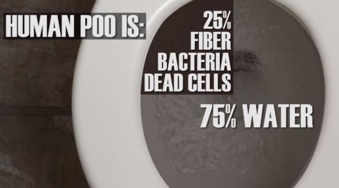 Kandungan kotoran manusia: 75% air, 25% lainnya adalah sel mati dari serat bakteri. (Via: youtube.com/BuzzfeedVideo)