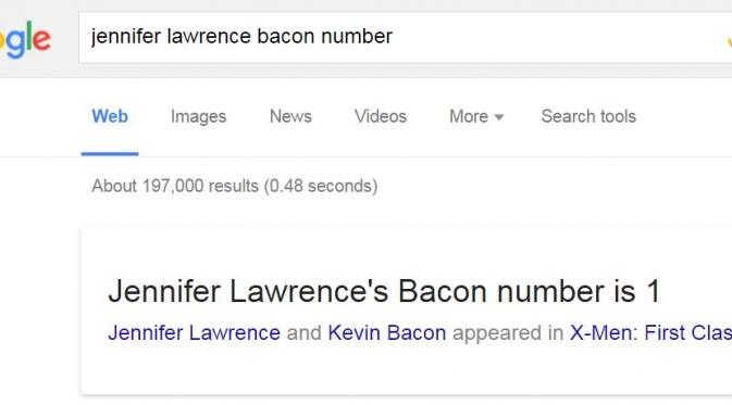 Ketik (nama artis) dan bacon number, lalu akan menunjukkan derajat pemisah antara artis yang namanya kamu ketik dengan aktor Kevin Bacon. (Via: google.com)