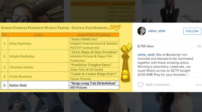 Raline Shah berbagi perasaannya disandingkan dengan aktris senior Christine Hakim di Festival Film Bandung 2015. (foto: instagram.com/raline_shah)