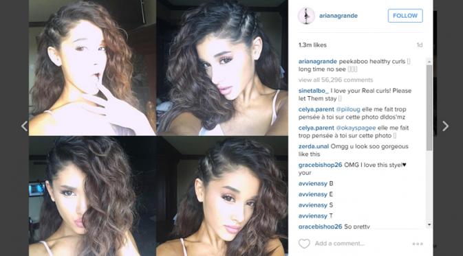 Ariana Grande menunjukkan rambut aslinya saat tak menggunakan ponytail yang menjadi ciri khasnya. (foto: instagram.com/arianagrande)