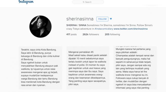 Sherina menjelaskan kasus pemalakan yang menimpanya di Bandung melalui media sosial. (foto: instagram.com/sherinasinna)