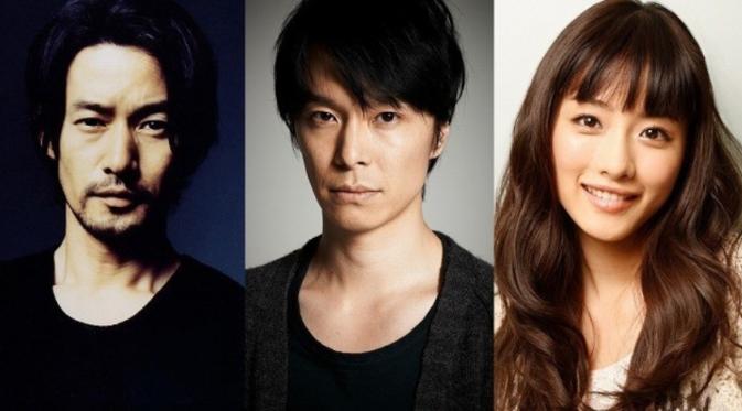 Tiga pemain film Godzilla versi Jepang atau Shin Godzilla, Hiroki Hasegawa, Yutaka Takenouchi, dan Satomi Ishihara. (Anime News Network)